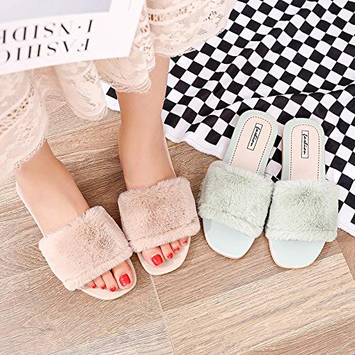 COQUI Chanclas,Zapatillas de algodón Versión Coreana Femenina de la Zapatilla de Piel de Moda Exterior Desgaste Plano Cuadrado Hebilla otoño e Invierno cálido Antideslizante-Verde_39