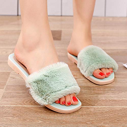 COQUI Chanclas,Zapatillas de algodón Versión Coreana Femenina de la Zapatilla de Piel de Moda Exterior Desgaste Plano Cuadrado Hebilla otoño e Invierno cálido Antideslizante-Verde_39
