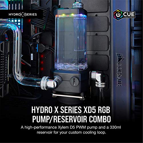 Corsair Hydro X Series XD5 RGB Bomba de bombeo/depósito - D5 PWM - Depósito de 330 ml - Diez LEDs RGB direccionables individualmente, sensor de temperatura, color negro