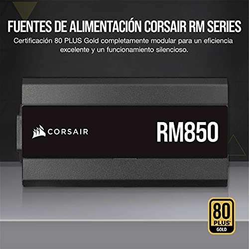 Corsair RM850 2021, RM Series, 850 Watts 80 Plus Gold Fuente de Alimentación ATX Totalmente Modular, Conectores Triples EPS12V, Poco Ruido, Modo de Zero RPM, Condensadores de 105 °C, Negro