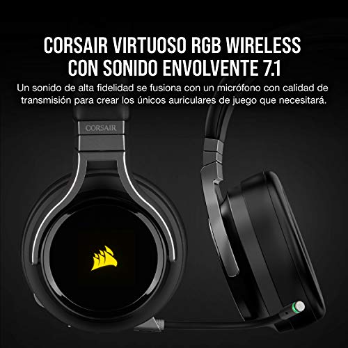 Corsair VIRTUOSO RGB WIRELESS, Auriculares para Juegos de Alta Fidelidad, Envolvente e Inmersivo 7.1, Micrófono Extraíble y Omnidireccional, para PC, PS4, Switch y Móviles, Negro
