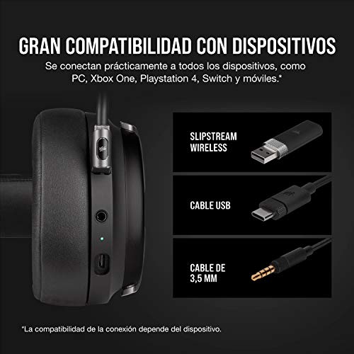 Corsair VIRTUOSO RGB WIRELESS, Auriculares para Juegos de Alta Fidelidad, Envolvente e Inmersivo 7.1, Micrófono Extraíble y Omnidireccional, para PC, PS4, Switch y Móviles, Negro