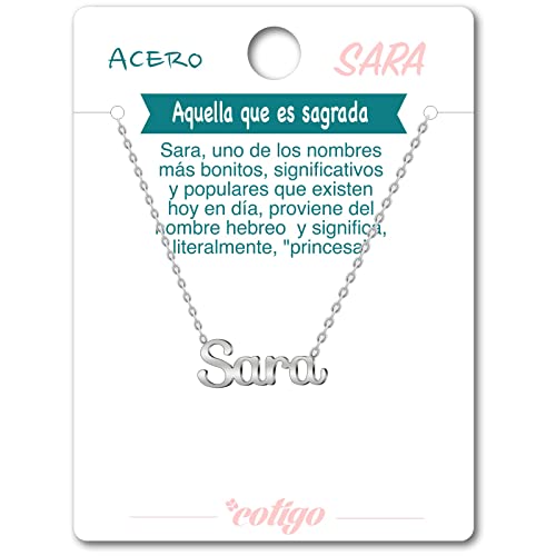 Cotigo Collar Nombre Acero-Incluye Tarjeta con Significado Hermoso -Colgante Nombre Plateado o Dorado-Regalos Personalizados para Mujer-Cumpleaño-Navidad-Día de madre-San valentín (Sara-Plateado)