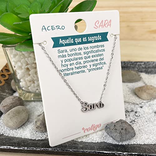 Cotigo Collar Nombre Acero-Incluye Tarjeta con Significado Hermoso -Colgante Nombre Plateado o Dorado-Regalos Personalizados para Mujer-Cumpleaño-Navidad-Día de madre-San valentín (Sara-Plateado)