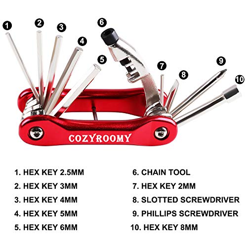 COZYROOMY Kit Herramientas Bicicleta,Reparación de pinchazos Bicicleta, 210 PSI Mini Pump, Herramienta 10 en 1 (con Separador de Cadena), Palancas de neumáticos y 10 Parches,1 Bolsa de sillín.