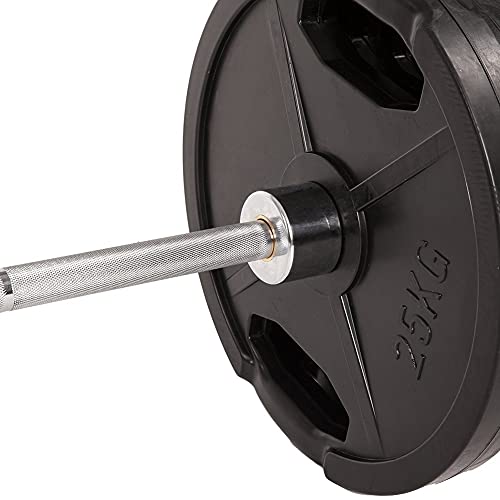 C.P. Sports barbell barras de pesas, barra olímpica 50mm, sostiene hasta 250 kg, pesa 20 kg, longitud total 2200 mm, acero sólido cromado, de alta calidad casquillos de fricción, pareja abrazadera cierre G42