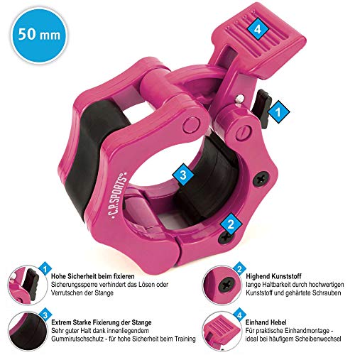 C.P. Sports - Cierre rápido para mancuernas, 50 mm, práctico cierre con una sola mano para un entrenamiento seguro y cambio rápido de discos, pinza de plástico resistente, color rosa