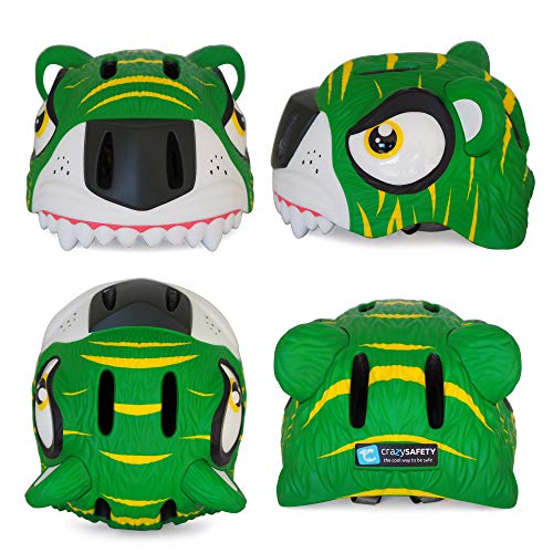 Crazy Safety Casco de Bici para niños | Casco de Bici para niños y niñas pequeños, niños y niñas patinetes eléctricos, triciclos, Skateboarding y bicis | Casco Ciclismo Animales niño (Green Tiger)