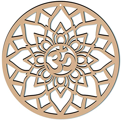 CREATCABIN 12 Pulgada Om Lotus Decoración de Pared Arte de Pared de Madera Cuadrícula de Cristal Geometría Sagrada Escultura de Pared Cortada con Láser Decoración Colgante Símbolo Espiritual Redondo