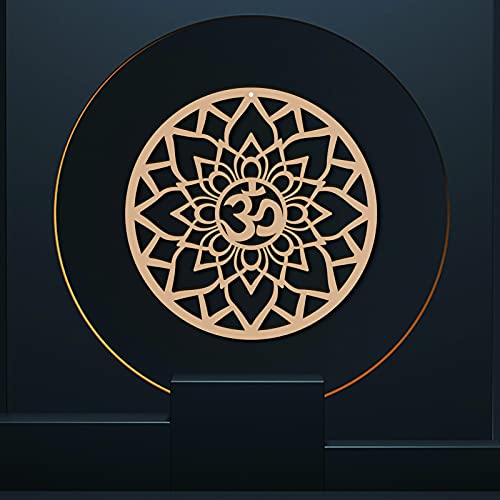 CREATCABIN 12 Pulgada Om Lotus Decoración de Pared Arte de Pared de Madera Cuadrícula de Cristal Geometría Sagrada Escultura de Pared Cortada con Láser Decoración Colgante Símbolo Espiritual Redondo