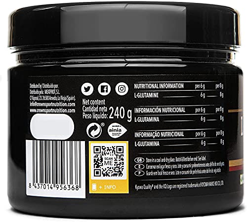 Crown Sport Nutrition L- Glutamina de calidad Kyowa®, Suplemento para deportistas, Polvo sabor Neutro - 240 gr