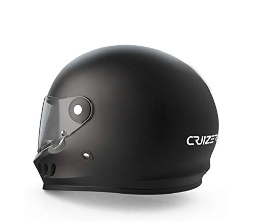 CRUIZER - Casco de moto integral hombre mujer negro mate con visera transparente, interior extraíble y lavable, cierre micrométrico correa (M)