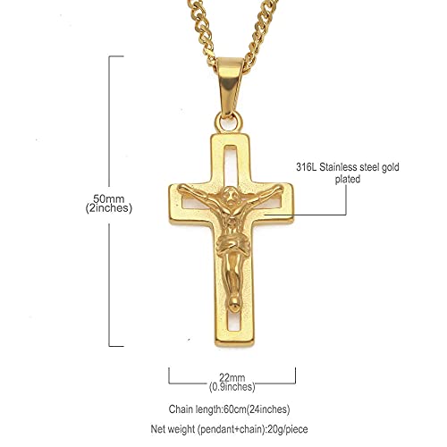Cruz hueca Jesús Crucifijo Collar Hombres 316L Acero inoxidable con cadena de oro Moda Hiphop Colgante Joyería católica-con cadena cubana