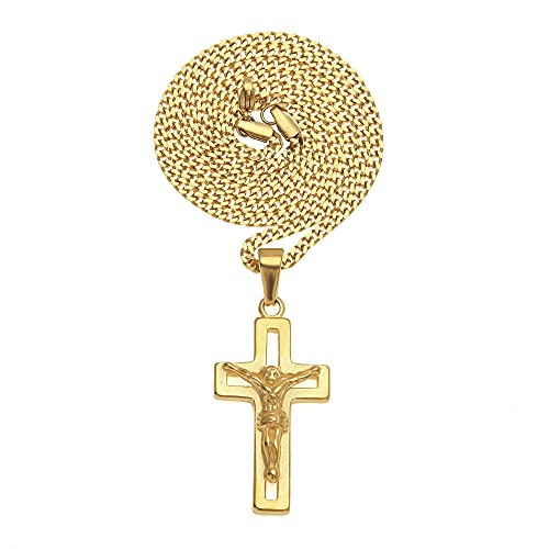 Cruz hueca Jesús Crucifijo Collar Hombres 316L Acero inoxidable con cadena de oro Moda Hiphop Colgante Joyería católica-con cadena cubana