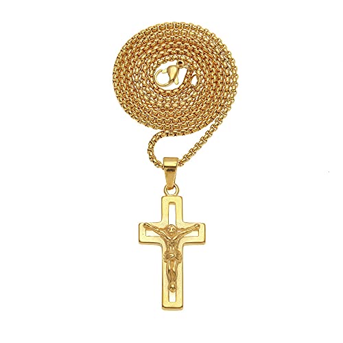 Cruz hueca Jesús Crucifijo Collar Hombres 316L Acero inoxidable con cadena de oro Moda Hiphop Colgante Joyería católica-con cadena cubana