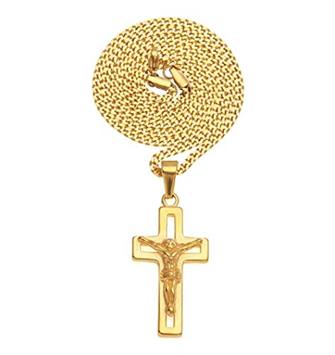 Cruz hueca Jesús Crucifijo Collar Hombres 316L Acero inoxidable con cadena de oro Moda Hiphop Colgante Joyería católica-con cadena cubana