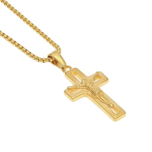 Cruz hueca Jesús Crucifijo Collar Hombres 316L Acero inoxidable con cadena de oro Moda Hiphop Colgante Joyería católica-con cadena cubana