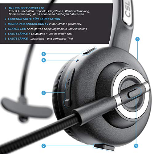 CSL - Auriculares inalámbricos Bluetooth con micrófono - Mono Tipo Diadema - Manos Libres - Puerto de Carga USB - Cancelación de Ruido - Compatible con PC Tableta Smartphone - Ideal para la Oficina