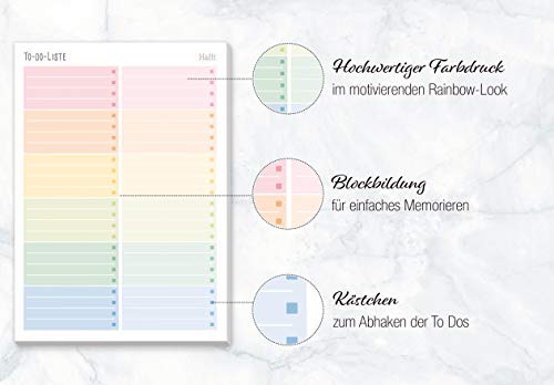 Cuaderno de listas de cosas por hacer A5 [arcoíris de Trendstuff by Häfft | 50 páginas, incluye bloc de notas en la parte posterior – climáticamente neutro y sostenible.