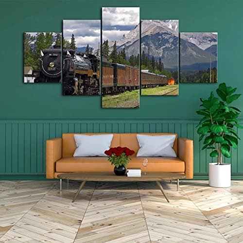 Cuadros en Lienzo Modernos Impresión de Imagen Artística Tren nieve montaña 5 Piezas HD Mural Póster Fotos Arte Pintura de Pared Lienzo Decorativo Para Tu Salón o Dormitorio