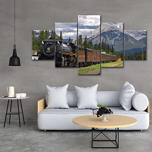 Cuadros en Lienzo Modernos Impresión de Imagen Artística Tren nieve montaña 5 Piezas HD Mural Póster Fotos Arte Pintura de Pared Lienzo Decorativo Para Tu Salón o Dormitorio