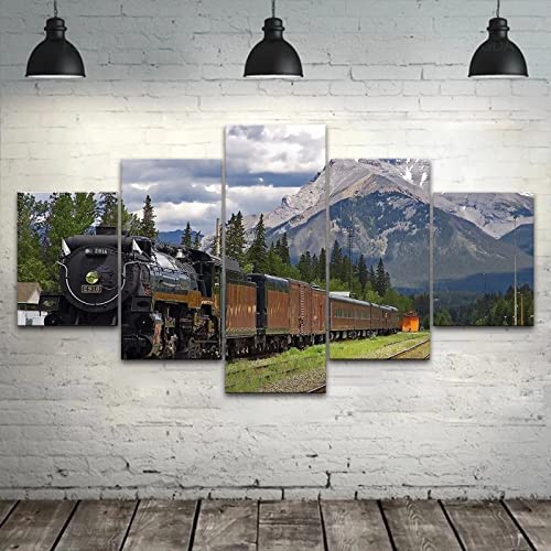 Cuadros en Lienzo Modernos Impresión de Imagen Artística Tren nieve montaña 5 Piezas HD Mural Póster Fotos Arte Pintura de Pared Lienzo Decorativo Para Tu Salón o Dormitorio