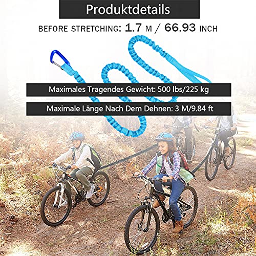 Cuerda de remolque para bicicleta, 3 m, para niños y padres, cuerda elástica con gancho de seguridad, hasta 500 lb/225 kg, apta para niños o adultos de bicicleta de montaña