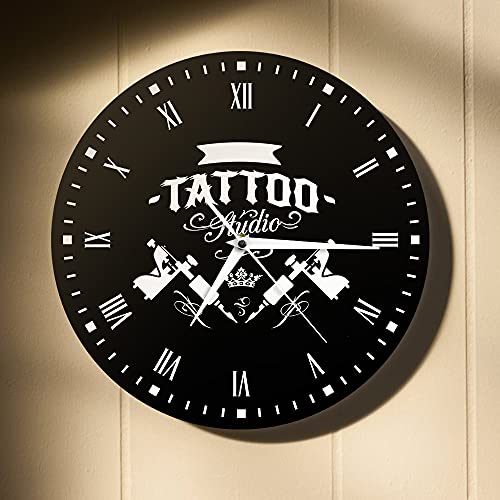 CVG Accesorios de Dormitorio Estudio de Tatuaje Máquina de Tatuaje Reloj de Pared Moderno Salón de Tatuajes Decoración de Tienda Reloj Redondo Negro Reloj Hipster Hombres Tatuador Regalo