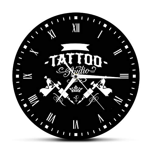 CVG Accesorios de Dormitorio Estudio de Tatuaje Máquina de Tatuaje Reloj de Pared Moderno Salón de Tatuajes Decoración de Tienda Reloj Redondo Negro Reloj Hipster Hombres Tatuador Regalo