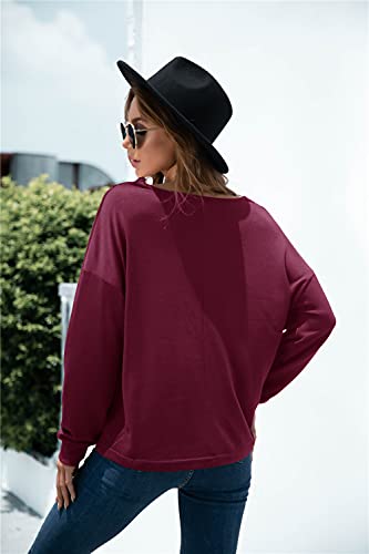 datasy Blusas Mujer Elegante con Encaje de Escote de Pico Camisetas Manga Larga para Mujer con Bordado Vintage Camiseta Suelto para Chicas Modernos Invierno Rojo-M