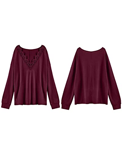 datasy Blusas Mujer Elegante con Encaje de Escote de Pico Camisetas Manga Larga para Mujer con Bordado Vintage Camiseta Suelto para Chicas Modernos Invierno Rojo-M