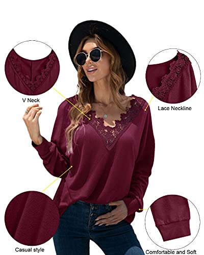 datasy Blusas Mujer Elegante con Encaje de Escote de Pico Camisetas Manga Larga para Mujer con Bordado Vintage Camiseta Suelto para Chicas Modernos Invierno Rojo-M