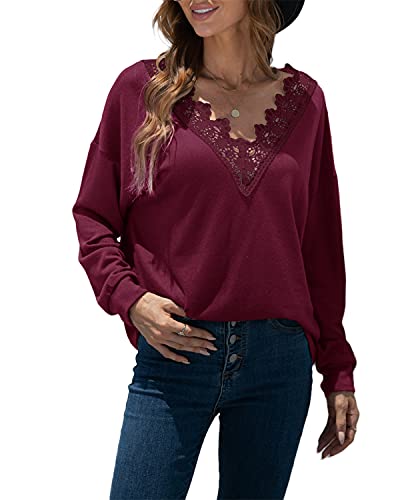 datasy Blusas Mujer Elegante con Encaje de Escote de Pico Camisetas Manga Larga para Mujer con Bordado Vintage Camiseta Suelto para Chicas Modernos Invierno Rojo-M