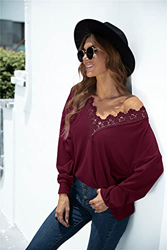 datasy Blusas Mujer Elegante con Encaje de Escote de Pico Camisetas Manga Larga para Mujer con Bordado Vintage Camiseta Suelto para Chicas Modernos Invierno Rojo-M