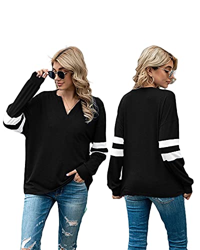 datasy Camiseta Manga Larga Mujer Deporte Invierno Blusas de Mujer Elegante Escote de Picos Camisetas Béisbol para Chicas de Rayas Tallas Grandes Negro-XL