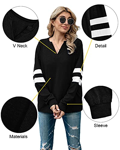 datasy Camiseta Manga Larga Mujer Deporte Invierno Blusas de Mujer Elegante Escote de Picos Camisetas Béisbol para Chicas de Rayas Tallas Grandes Negro-XL