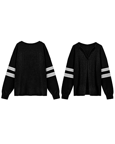 datasy Camiseta Manga Larga Mujer Deporte Invierno Blusas de Mujer Elegante Escote de Picos Camisetas Béisbol para Chicas de Rayas Tallas Grandes Negro-XL