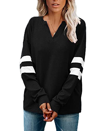 datasy Camiseta Manga Larga Mujer Deporte Invierno Blusas de Mujer Elegante Escote de Picos Camisetas Béisbol para Chicas de Rayas Tallas Grandes Negro-XL