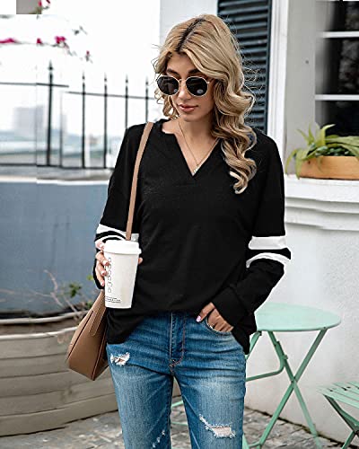 datasy Camiseta Manga Larga Mujer Deporte Invierno Blusas de Mujer Elegante Escote de Picos Camisetas Béisbol para Chicas de Rayas Tallas Grandes Negro-XL