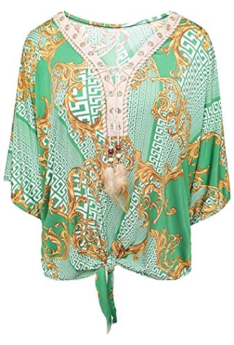db3 Mujer Atado Al Frente Corte Manga Manga Murciélago Top Estampado - Verde - Verde, One Size