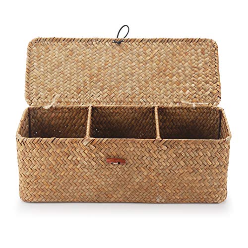 DECRAFTS Cestos Almacenaje Seagrass con Tapa Caja Mimbre Rectangular con Compartimentos Decorativas para Organizar Juguetes de Papel Higiénico