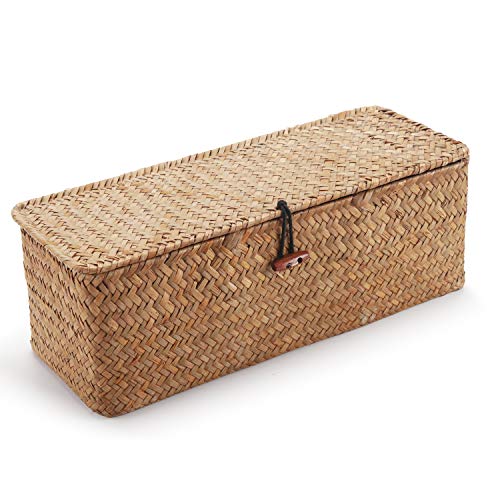 DECRAFTS Cestos Almacenaje Seagrass con Tapa Caja Mimbre Rectangular con Compartimentos Decorativas para Organizar Juguetes de Papel Higiénico