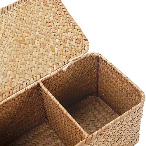 DECRAFTS Cestos Almacenaje Seagrass con Tapa Caja Mimbre Rectangular con Compartimentos Decorativas para Organizar Juguetes de Papel Higiénico