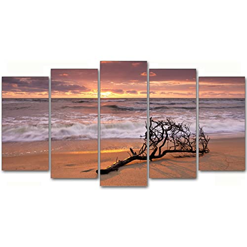 DekoArte 144 - Cuadros Modernos Impresión de Imagen Artística Digitalizada | Lienzo Decorativo Para Tu Salón o Dormitorio | Estilo Paisaje Relajación Mar Playa Naturaleza Amanecer | 5 Piezas 150x80cm