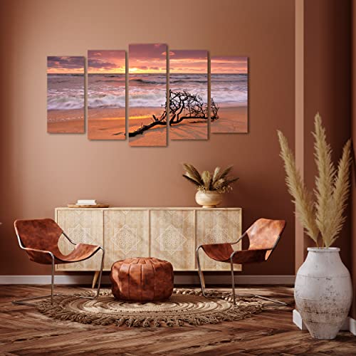 DekoArte 144 - Cuadros Modernos Impresión de Imagen Artística Digitalizada | Lienzo Decorativo Para Tu Salón o Dormitorio | Estilo Paisaje Relajación Mar Playa Naturaleza Amanecer | 5 Piezas 150x80cm