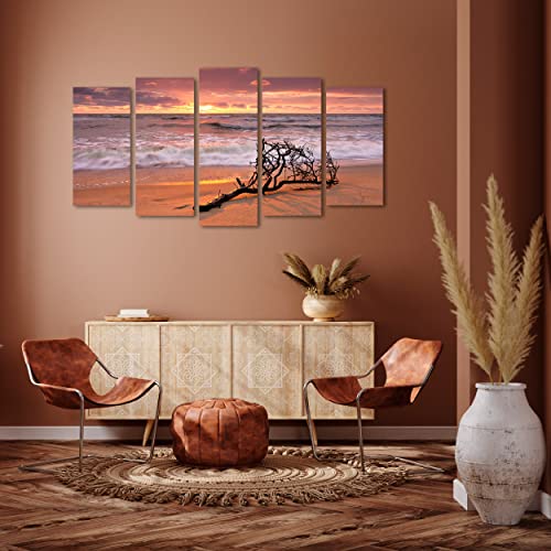 DekoArte 144 - Cuadros Modernos Impresión de Imagen Artística Digitalizada | Lienzo Decorativo Para Tu Salón o Dormitorio | Estilo Paisaje Relajación Mar Playa Naturaleza Amanecer | 5 Piezas 150x80cm