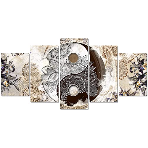 DekoArte 473 - Cuadros Modernos Impresión de Imagen Artística Digitalizada | Lienzo Decorativo Para Tu Salón o Dormitorio | Estilo Ying Yang Abstractos Zen Colores Beig Marrón | 5 Piezas 200x100cm XXL