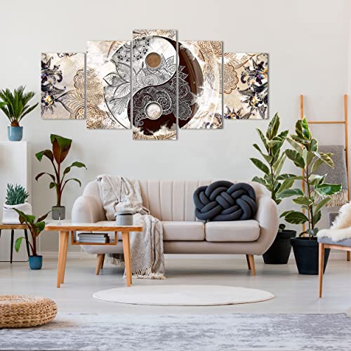 DekoArte 473 - Cuadros Modernos Impresión de Imagen Artística Digitalizada | Lienzo Decorativo Para Tu Salón o Dormitorio | Estilo Ying Yang Abstractos Zen Colores Beig Marrón | 5 Piezas 200x100cm XXL