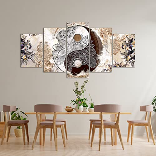 DekoArte 473 - Cuadros Modernos Impresión de Imagen Artística Digitalizada | Lienzo Decorativo Para Tu Salón o Dormitorio | Estilo Ying Yang Abstractos Zen Colores Beig Marrón | 5 Piezas 200x100cm XXL