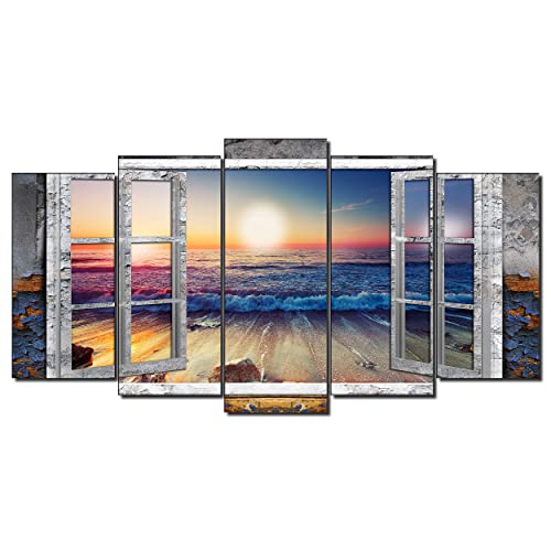 DekoArte 495 - Cuadros Modernos Impresión de Imagen Artística Digitalizada | Lienzo Decorativo Para Salón o Dormitorio | Estilo Paisajes Vistas Puesta de Sol en Playa desde Ventana | 5 Piezas 150x80cm